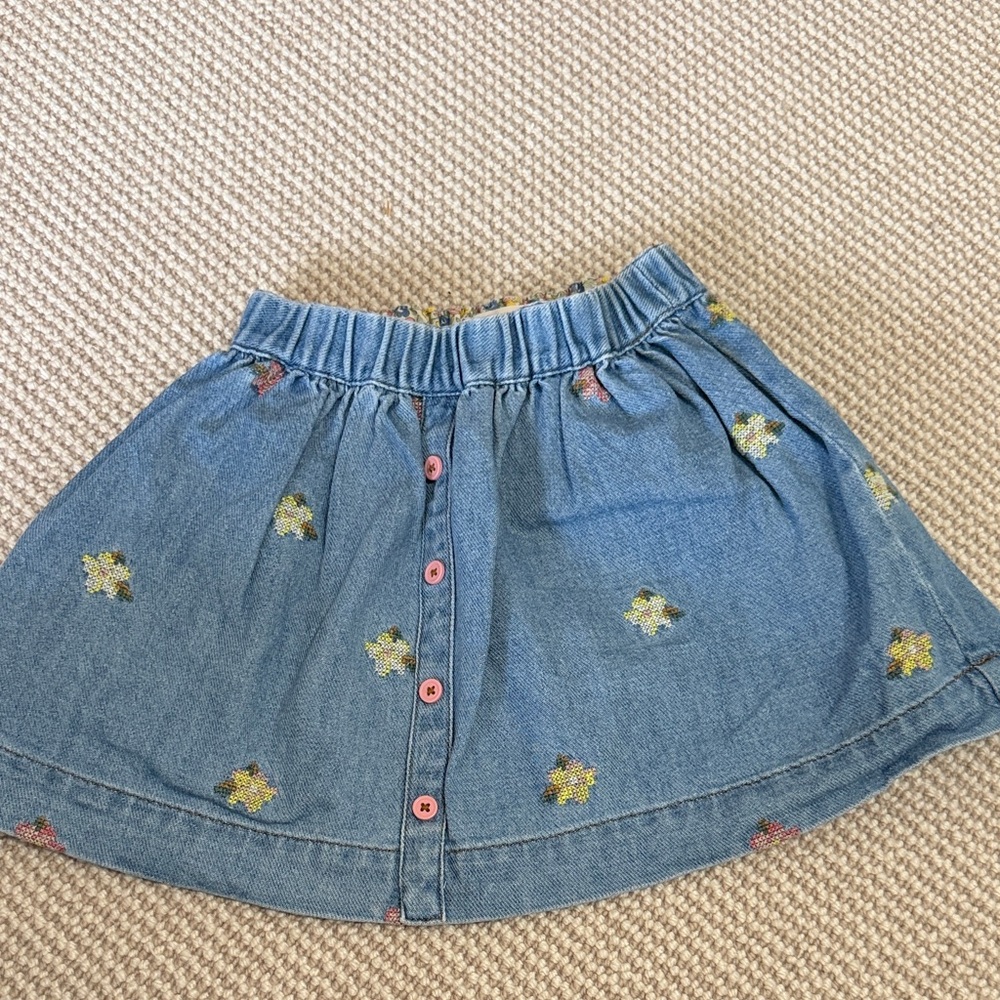 Mini Boden Blue Denim Skirt with Multicolor Flower Embroidery Size 5-6